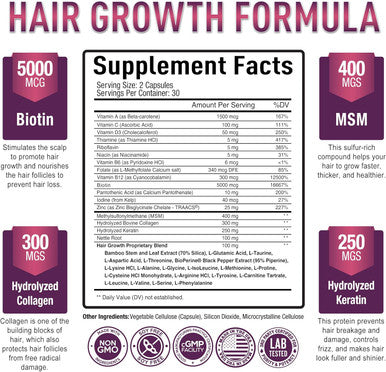 Premium Hair Growth For Women & Men - Hair Growth Vitamins W/ Biotin & Keratin - Prevents Hair Loss & Thinning, Supports Thicker Healthier Hair Growth - Supplement For All Hair Types, 60 Capsules