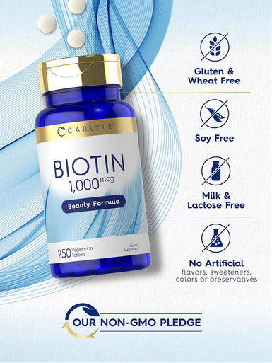Carlyle Biotin 1000mcg | 250 Vegetarian Tablets | Beauty Formula Supplement | Non-GMO Gluten