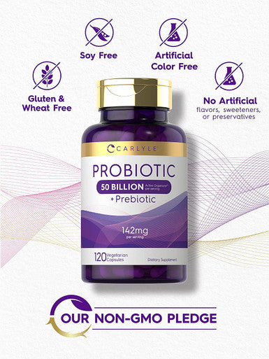 Carlyle Probiotics With Prebiotics | 120 Capsules | 50 Billion Active Organisms | Non-Gmo & Gluten Free Supplement