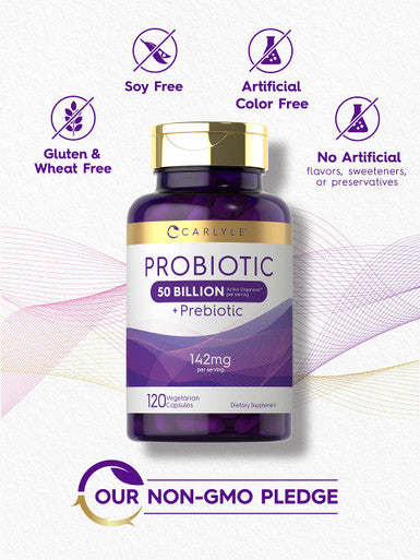 Carlyle Probiotics With Prebiotics | 120 Capsules | 50 Billion Active Organisms | Non-Gmo & Gluten Free Supplement
