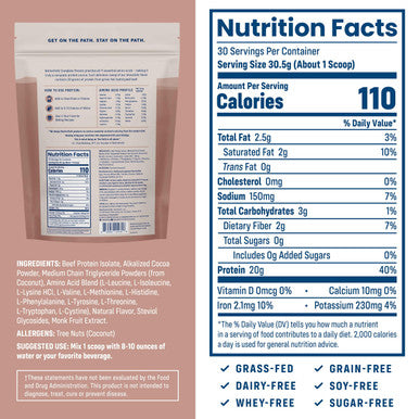 NativePath Complete Beef Protein Powder Isolate ÃƒÂ¢Ã¢â€šÂ¬Ã¢â‚¬Å“ Grass-Fed Pasture-Raised Dairy & Lactose Free Gluten Free Zero Sugar MCTs & Amino Acids ÃƒÂ¢Ã¢â€šÂ¬Ã¢â‚¬Å“ 20g Protein Chocolate Flavor 30 Servings