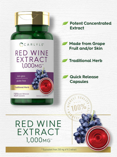 Carlyle Red Wine Extract Capsules | 1000mg | 120 Count | Non-GMO and Gluten Supplement
