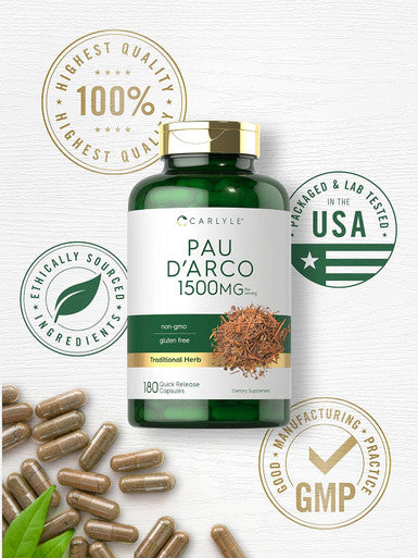 Carlyle PAU D'Arco Capsules | 1500mg | 180 Count | Non-GMO Gluten | Herbal Supplement