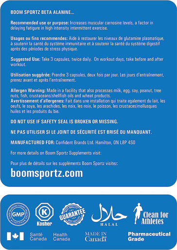 BOOM SPORTZ - Beta Alanine - 100% Pure - Maximum Strength + Absorption - 240 Capsules - 80 Servings