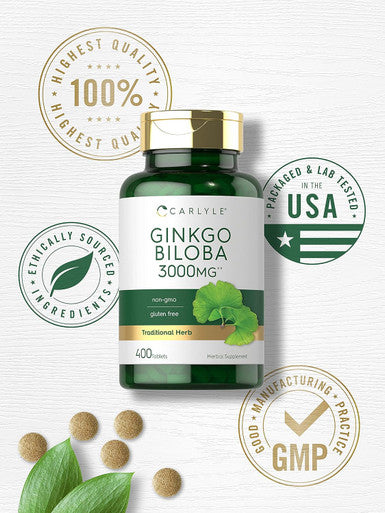 Carlyle Ginkgo Biloba 3000mg | 400 Tablets | Non-GMO Gluten Herbal Supplement