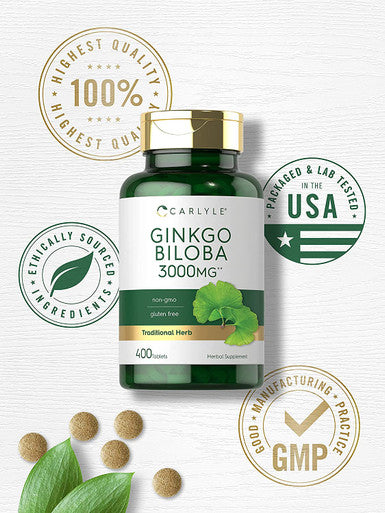 Carlyle Ginkgo Biloba 3000mg | 400 Tablets | Vegetarian Supplement | Non-GMO, Gluten Free