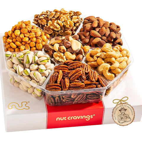 NUT CRAVINGS - Purim Mishloach Manot Mixed Nuts Gift Basket in Red Gold Box (7 Assortments, 1 LB) Ramadan Gifts Treats for Adults, Food Arrangement, Healthy Snack Care Package, Kosher