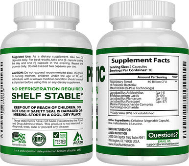 Probiotic 40 Billion CFU Shelf Stable with Prebiotics and Acidophilus Stable Potency Until Expiration Time Delay Release Probiotics Arazo Nutrition