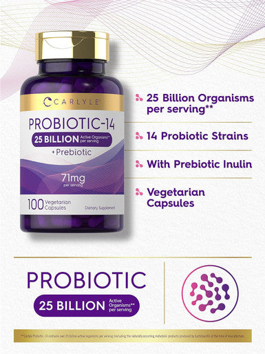 Carlyle Probiotics 25 Billion CFU | with Prebiotics | 100 Capsules | Vegetarian Non-GMO & Gluten Supplement | for Men & Women