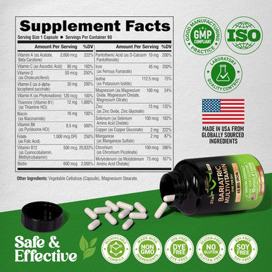 Bariatric Multivitamin - 45 Mg Iron Supplements - Made In Usa - For Women & Men - All-In-One 21 Essential Vitamins - Gastric Sleeve Support - Of Sugar Gluten & Soy - 90 Capsules