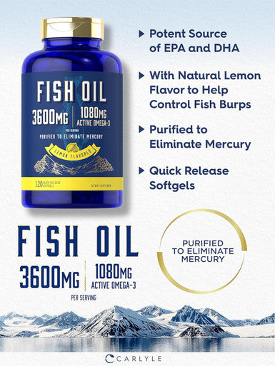 Carlyle Fish Oil 3600mg | 1080mg Omega 3 | 120 Count | Non-GMO and Gluten Supplement