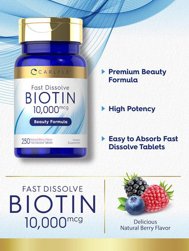 Carlyle Biotin 10000mcg | 250 Fast Dissolve Tablets | Max Strength | Vegetarian Non-GMO Gluten Supplement