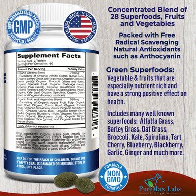 YUMMYVITE Fruit And Veggie Superfood Greens - 120 Tablets - 28 Fruits And Vegetables Incl. Alfalfa, Barley Grass, Spirulina, Beet Root, Tart Cherry, Non-Gmo - 120 Tablets