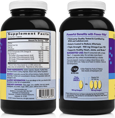 InnovixLabs Triple Strength Omega3 Fish Oil Concentrated 900 mg Omega3 per Pill Burpless Enteric Coated Gluten High EPA DHA for Heart Brain Joints IFOS 5Star 200 Capsules
