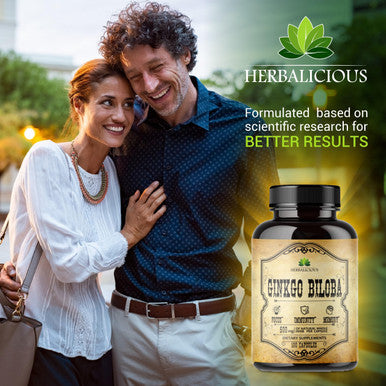 HERBALICIOUS Ginkgo Biloba Capsules - Daily Natural Nootropic Supplement To Support Mental Clarity, Focus, Memory Boost, Stress Relief, Heart And Brain Health&Energy Booster For Men And Women 100Pcs