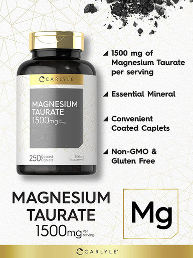 Magnesium Taurate 1500mg 250 Caplets Vegetarian Non GMO Gluten Free Supplement by Carlyle