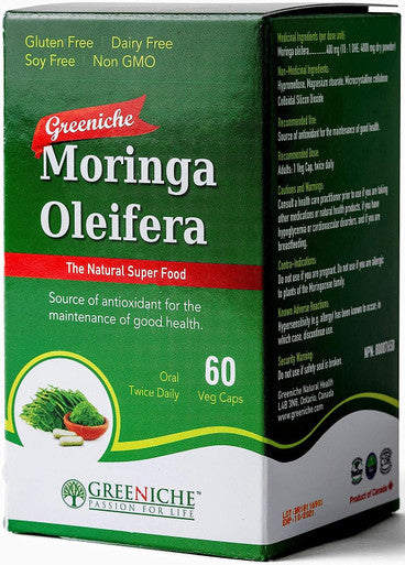 Greeniche Moringa Oleifera - 60 Vegetarian Capsules Natural and Organic Source of antioxidants / Source d'antioxydants Non GMO, Soy Free, Gluten Free Halal and Kosher Certified