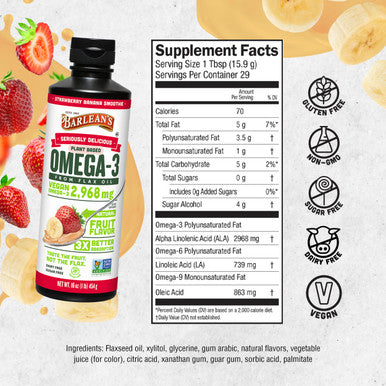 Barlean's Strawberry Banana Omega 3 Liquid Flaxseed Oil With 2 968 Mg Vegan Omegas 3 6 9 Smoothie Supplements For Kids and Adults From Cold Pressed Flax Seed Oil Non-Gmo and Gluten Free 16 Oz