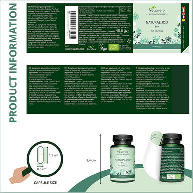 Natural Iodine Vegavero | from Organic Scottish Sea Kelp (PureSea ) | 180 Capsules | 231 mg Seaweed Powder with 150 mcg Pure Iodine | NO Tablets = NO Additives | Vegan Supplement