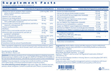 Klaire Labs Prenatal & Nursing Formula - Multivitamin & Multimineral with Chelated Iron & Active Folate for Pregnancy, Breastfeeding and Child-Bearing Years, Dairy- (90 Capsules)