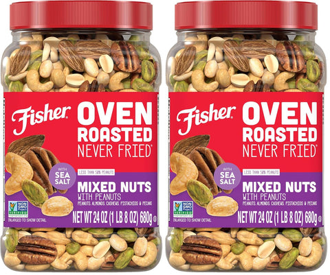 Fisher Oven Roasted Never Fried Deluxe Mixed Nuts 24 Ounces (Pack of 1) Almonds Cashews Pecans Pistachios Healthy Snacks for Adults Made With Sea Salt No Added Oil Trail Mix Gluten