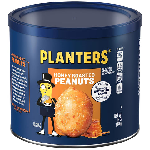 PLANTERS Honey Roasted Peanuts, Plant Based Protein Snacks, 12 Oz (1 Ct) | Roasted Sweet & Salty Nuts. 0g Trans Fat. Resealable Jar. Snacks for Adults. Party Mix, Party Snacks