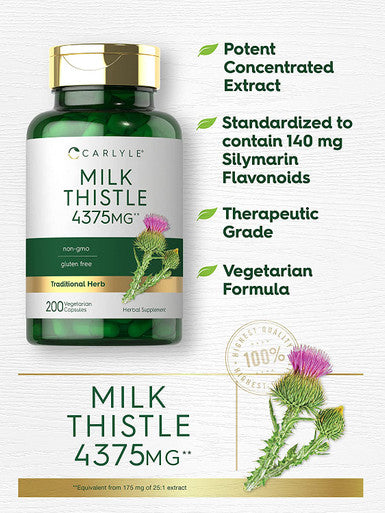 Milk Thistle Capsules | 4375mg | 200 Count | High Potency Extract | Vegetarian, Non-GMO, Gluten Free | by Carlyle