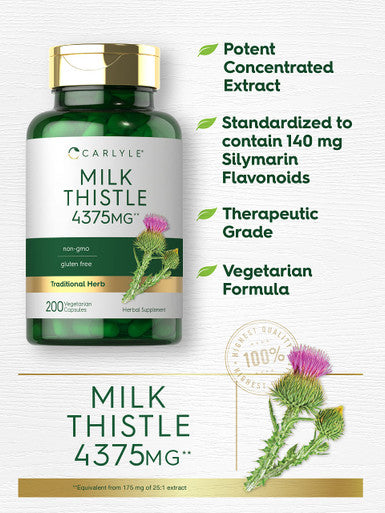 Carlyle Milk Thistle Supplement | 4375Mg | 200 Capsules | High Potency Extract | Vegetarian, Non-Gmo, Gluten Free
