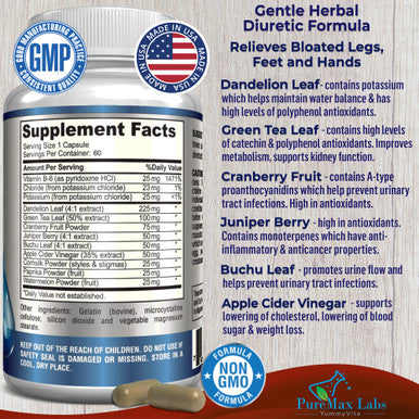 YUMMYVITE Water Away Gentle Herbal Diuretic - Natural Diuretic Water Pills - Relieve Bloating, Reduce Excess Water Weight With Dandelion Leaf, Green Tea, Detox Cleanse & Urinary Health. Non-Gmo, 60 Capsules