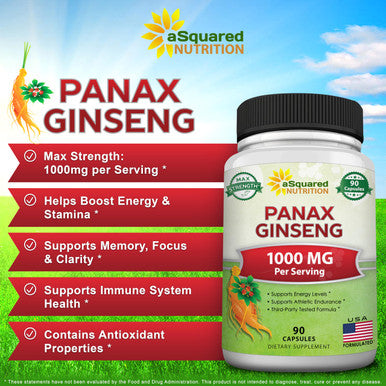 Korean Panax Ginseng (1000mg Max Strength) - 90 Capsules Root Extract Complex (Red & White), High Dosage Ginsenosides in Seeds, Asian Powder Supplement, Tablet Pills for Energy