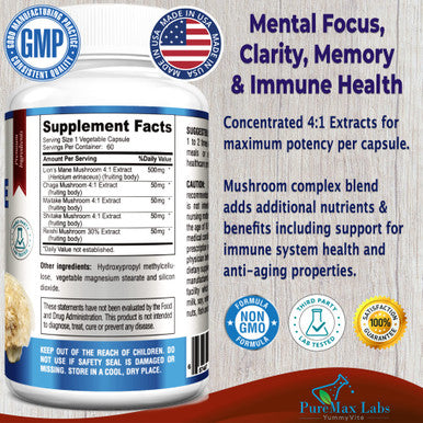 YUMMYVITE Lions Mane Mushroom Complex - Concentrated 4:1 Extract For Brain Health, Supports Focus, Clarity, Memory & Immune System - 60 Capsules