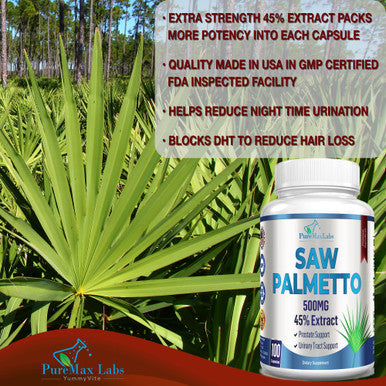 YUMMYVITE Extra Strength Saw Palmetto - 45% Extract Prostate Supplement, Decrease Frequent Urination, Dht Blocker For Hair Growth, Non-Gmo, 100 Capsules