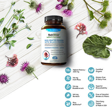Organic Irish Sea Moss 2100mg With Bladderwrack Burdock 120 Capsules For Immune System Hair Skin Nails Thyroid Colon Cleanse Keto Detox Digestive Joint Support Prebiotics Vitamins Iodine