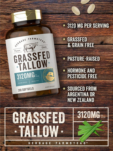 Grass Fed Beef Tallow 3120mg | 200 Softgel Capsules | Pasture Raised Bovine Supplement | Non-GMO, Gluten Free | by Herbage Farmstead