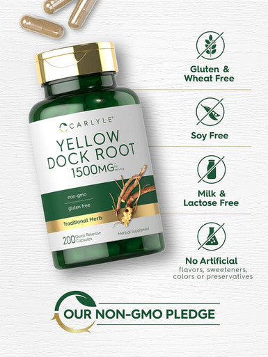 Carlyle Yellow Dock Root Capsules 1500mg | 200 Count | Non-GMO Gluten | High Potency Formula | Traditional Herb