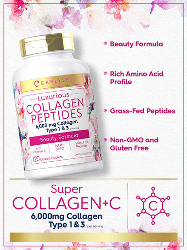 Collagen with Vitamin C | 6000mg | 120 Capsules | Multi Collagen Peptide Pills | Type 1 and 3 | Non-GMO, Gluten Free, Grass Fed | Carlyle