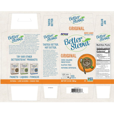 NOW Foods BetterStevia Zero-Calorie Granulated Sweetener Packets, Keto Friendly, Suitable for Diabetics, No Erythritol, 100 Packets