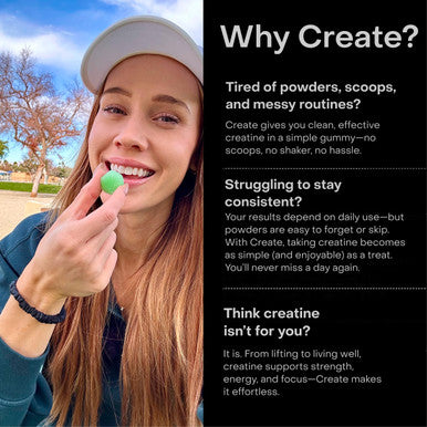 Create Creatine Monohydrate Gummies for Men & Women - Boost Focus, Strength, and Endurance, Anti-Melting Formula, Vegan, Gluten-Free, Non-GMO, 1.5 Gram Creatine per Gummy (Sour Green Apple, 90 ct)