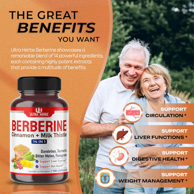 Ultra Herbs Premium Berberine 12200MG with Cinnamon Milk Thistle USA Made & Test Promotes Liver Function Gut Health Immunity (150 Count (Pack of 1))