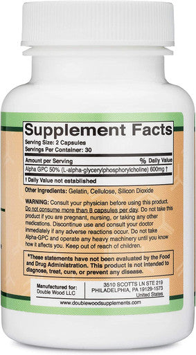 Alpha GPC Choline Brain Supplement for Acetylcholine 60 Count 600mg Servings Advanced Memory Formula Nootropics Brain Support Supplement Manufactured in The USA by Double Wood Supplements