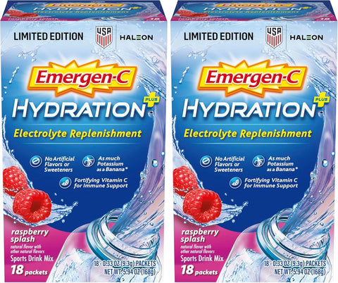 Emergen-C Hydration+ Vitamin C Sports Drink Mix, Raspberry, 18 Packets | Electrolytes for Hydration, 75% Less Sugar, Non-GMO, Vitamin C, Zinc and Manganese, Sports Formula
