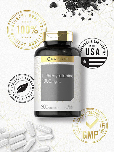 Carlyle L Phenylalanine 1000Mg | 200 Capsules | Non-Gmo And Gluten Free Formula | Free Form L-Phenylalanine Supplement