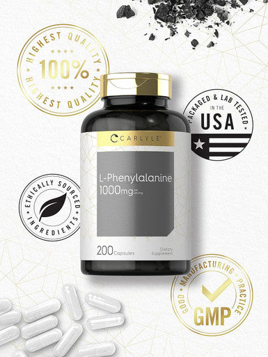 Carlyle L Phenylalanine 1000mg | 200 Capsules | Non-GMO and Gluten Formula | Form L-Phenylalanine Supplement