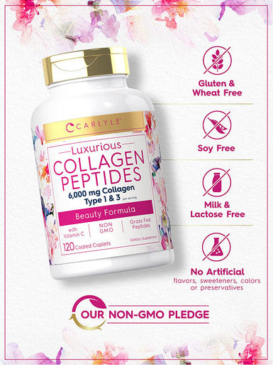 Collagen with Vitamin C | 6000mg | 120 Capsules | Multi Collagen Peptide Pills | Type 1 and 3 | Non-GMO, Gluten Free, Grass Fed | Carlyle