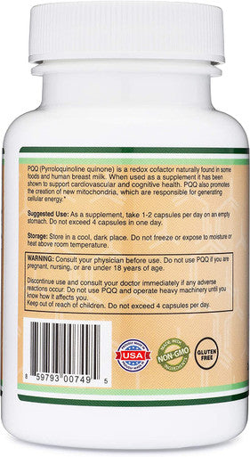 PQQ Supplement 20mg 60 Capsules Pyrroloquinoline Quinone Promotes Mitochondria ATP Coenzyme Levels Energy Optimizer and Sleep Quality Support by Double Wood Supplements