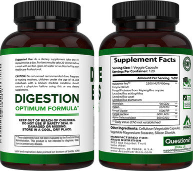 Digestive Enzymes with Probiotics Multi Enzyme Nutritional Supplement Acidophilus Bromelain Papaya Papain Lipase Lactase Improve Digestion 120 Pills Arazo Nutrition