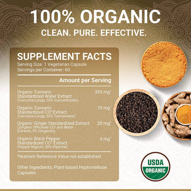 Organic Turmeric Curcumin Capsules Includes Organic Ginger and Black Pepper Extracts Organic by USDA 100 Natural Herbal Supplement 60 Pills