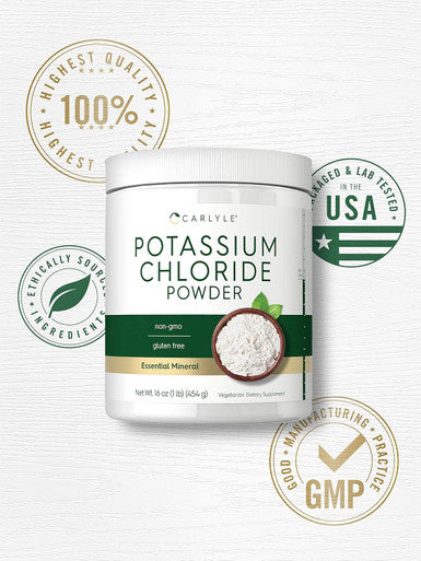 Carlyle Potassium Chloride Powder Supplement 16 oz Food Grade Salt Substitute Vegan Vegetarian Non GMO Gluten