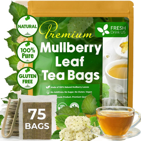 FreshDrinkUS, Premium 120 Mulberry Leaf Tea Bags, 100% Natural & Pure from Mulberry Leaves. Loose Leaf Herbal Tea. Made with Natural Material Tea Bags. No Sugar, No Caffeine, No Gluten, Vegan.