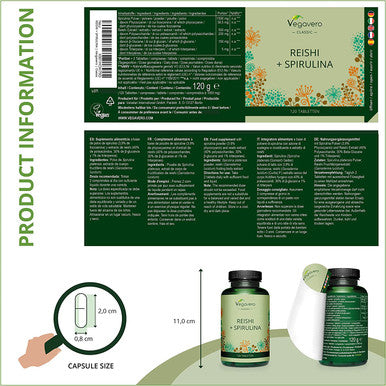 Reishi & Spirulina VegaveroÃƒâ€šÃ‚Â® | 2000 mg | NO Additives | with Phycocyanin and Polysaccharides | 120 Vegan Tablets | Alga Spirulina with Ganoderma Lucidum Extract